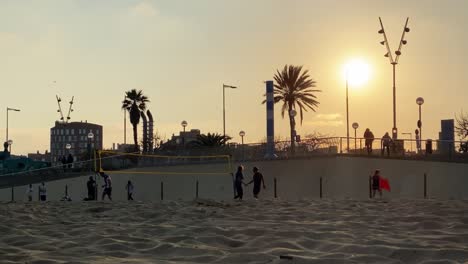 people playing beach volley silhouette sun palm trees barcelona fun day sunset