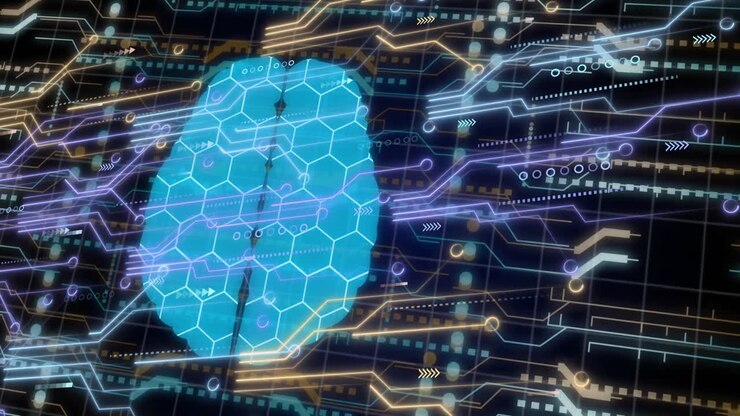 Animation of digital brain, data processing over computer circuit board