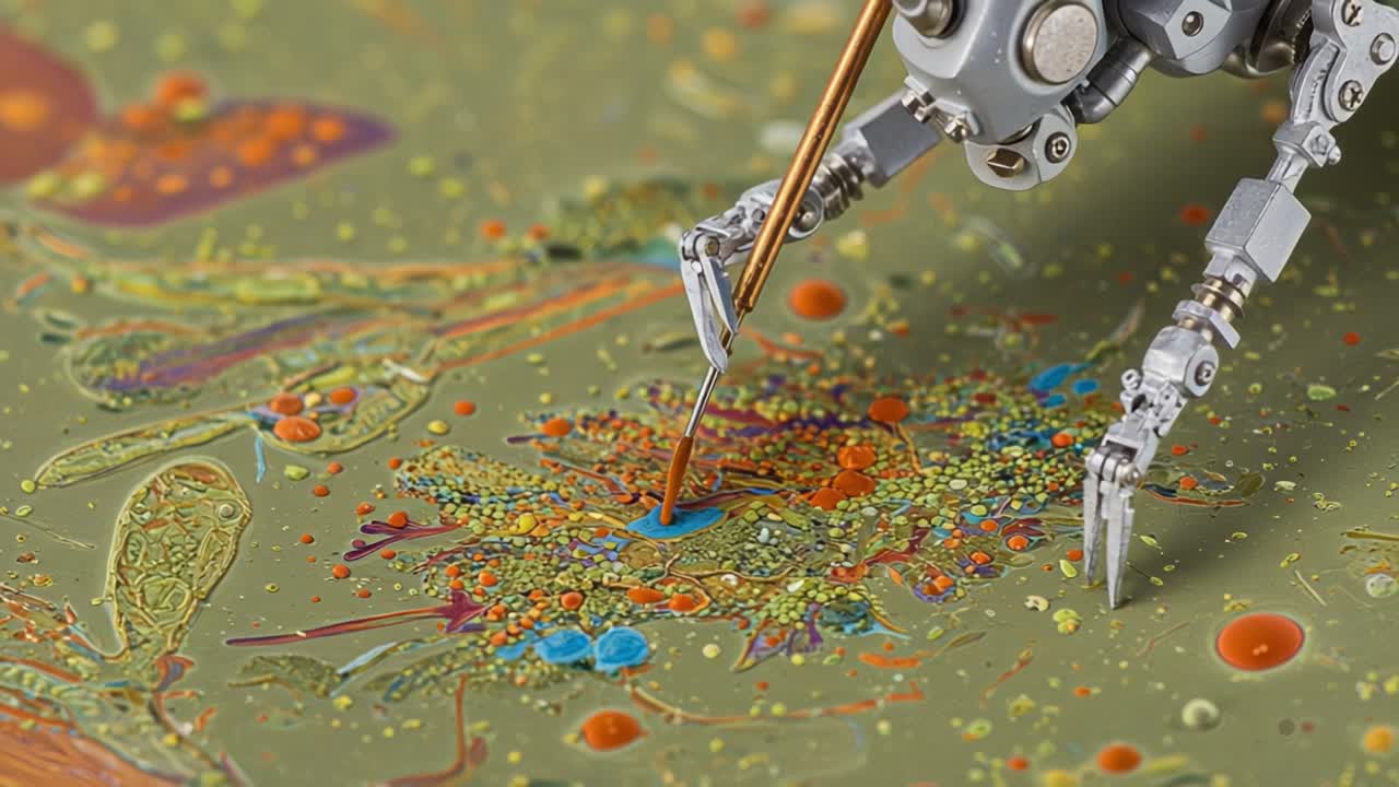 Intricate Interaction: A Robotic Arm Delicately Engaging with a Vibrant Microbial Landscape on a Textured Surface, Merging Technology and Artistry in a Dazzling Display