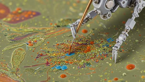 intricate interaction: a robotic arm delicately engaging with a vibrant microbial landscape on a textured surface, merging technology and artistry in a dazzling display