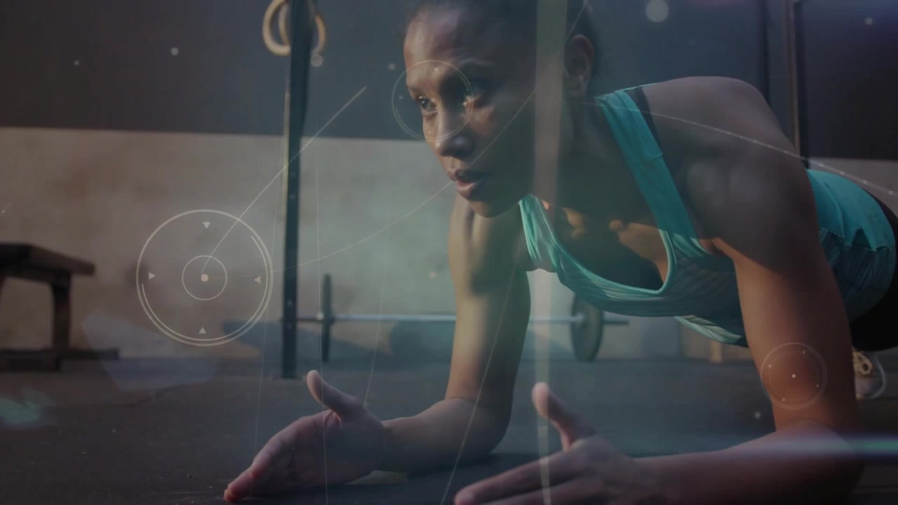 Camera pulling back, woman holding forearm plank in gym, HUD graphics highlighting core strength