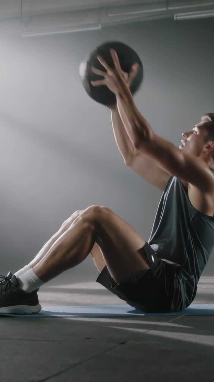 Vertical video: Catching man in tank top doing sit-up on gym mat, med ball from left for workout