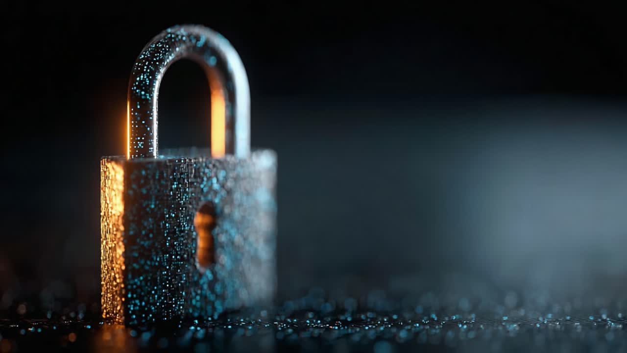 A Close-Up View of a Metallic Padlock Surrounded by Droplets of Water, Illuminated in Blue and Orange Light, Symbolizing Security and Protection