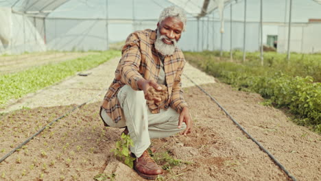 Farmer,-senior-man-and-face-with-soil