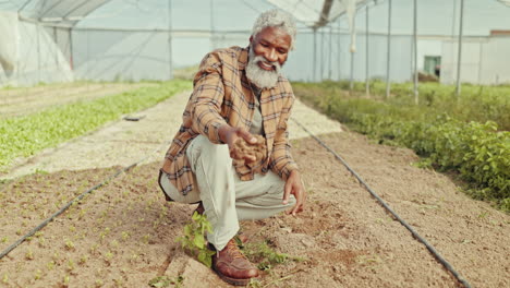 farmer, senior man and face with soil