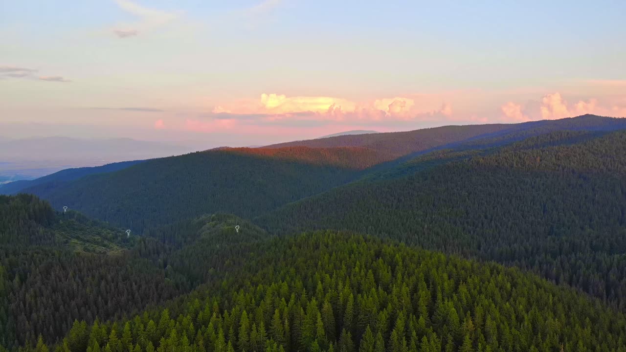 Sovata mountains and valley at sunset. Aerial drone shot. Bird view