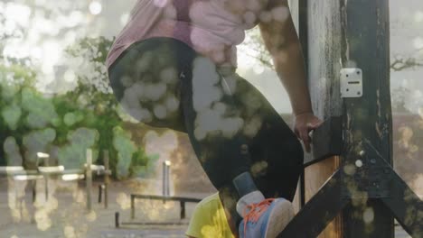 animation of trees over diverse women at obstacle course climbing