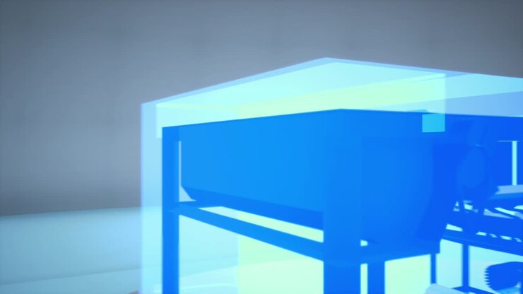 Animazione 3D che mostra una vista olografica di una macchina da taglio, effetto computer.