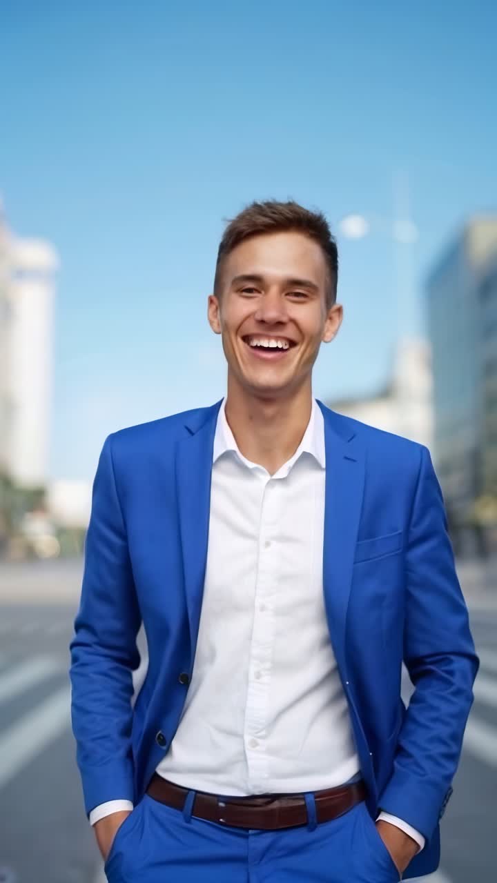 Happy young businessman in urban street