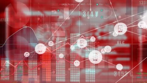 Animation-Eines-Netzwerks-Digitaler-Symbole-Und-Statistischer-Datenverarbeitung-Vor-Rotem-Hintergrund