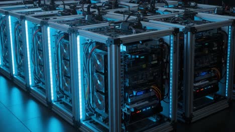 high-tech computer server racks illuminated in a dark environment, showcasing advanced hardware configurations for data processing and storage solutions