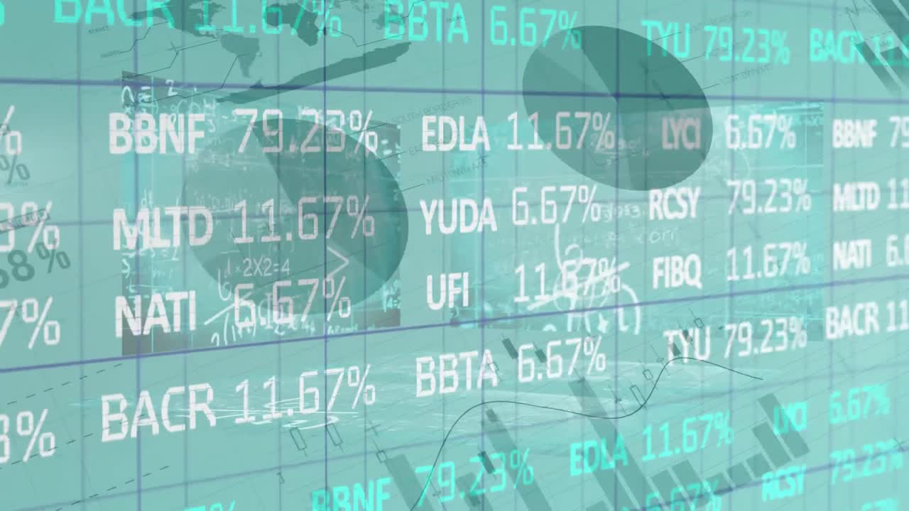 Digital composite video of stock market data processing against graphs and statistics in background