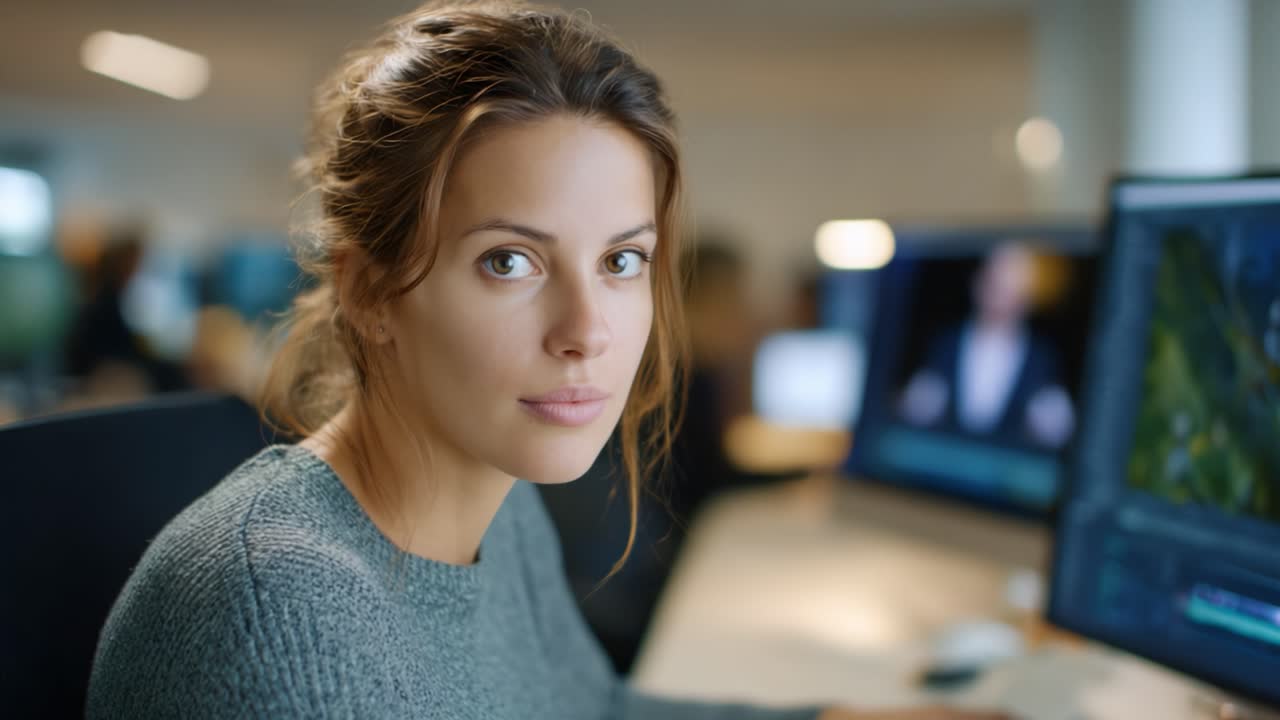 Focused Female Professional Working on Editing Software in a Modern Office Environment with Multiple Monitors, Capturing Ideas and Creative Vision