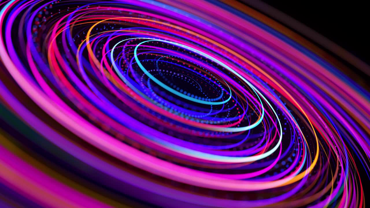 Light flow form ring structure. Light effect as abstract looped background with light trails, stream of multicolor neon lines in space form rings. Modern trendy motion design background.
