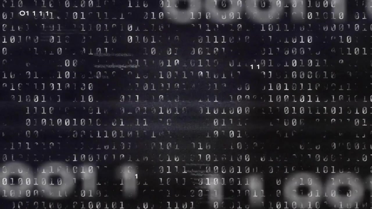 At start binary digits drifting across dark backdrop clustering pulsing shifting showing data flow
