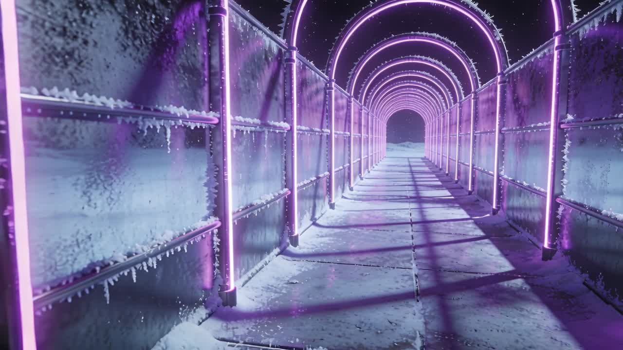 Glijdende camera begint bij de ingang, beweegt langs met rijp bedekte neonbogen en nadert een donkere opening.