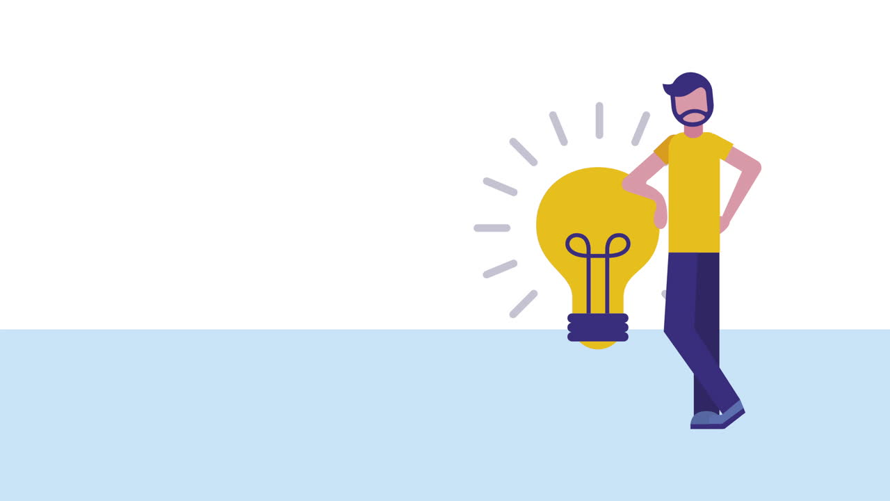 joven empresario con animación de personajes de bombillas