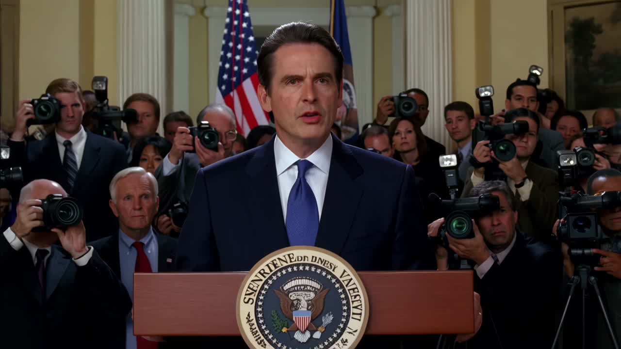 Man speaks at a press conference surrounded by media and reporters