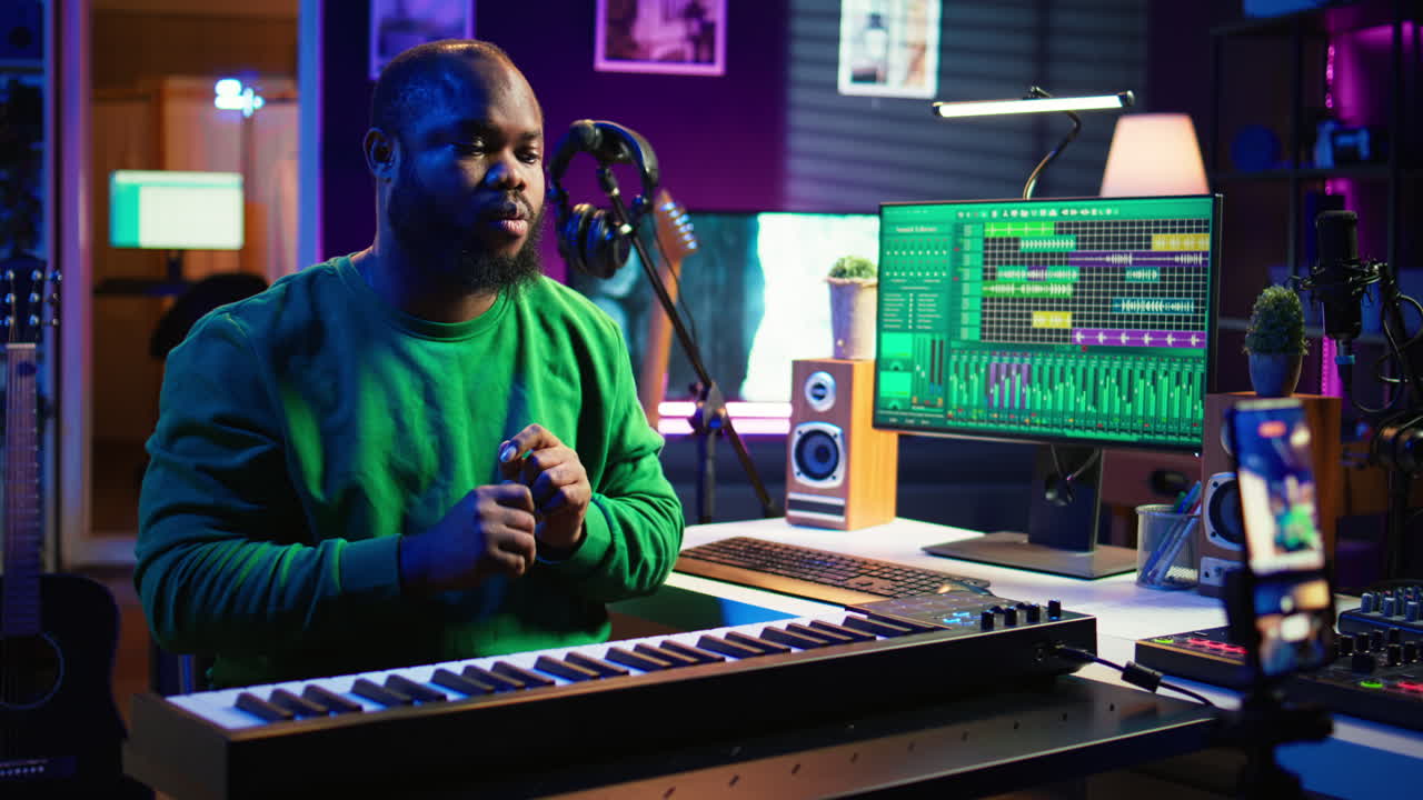 artista y compositor que organiza una clase magistral en línea para enseñar lecciones de piano en internet