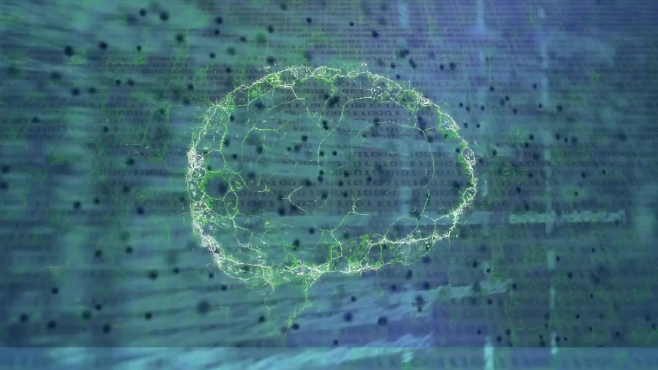 Animation of brain and data processing over blue background