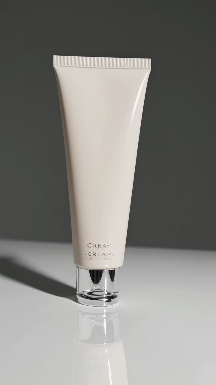 Close-up video shot of a sleek cream tube on a reflective surface, showcasing minimalist design