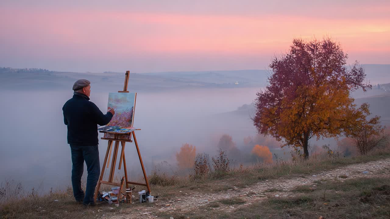 An Artist Capturing the Serenity of a Misty Autumn Landscape with a Vibrant Palette as the Sun Sets Behind Rolling Hills and Colorful Trees