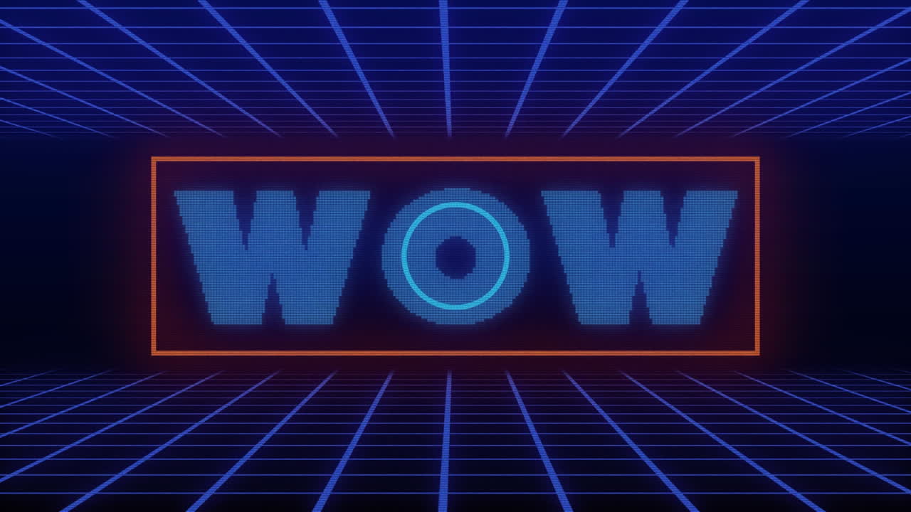 Animation von abstrakten kreisförmigen Formen über einem „Wow“-Textbanner auf einem Gitternetzwerk vor blauem Hintergrund
