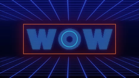 animación de formas circulares abstractas sobre banner de texto wow en la red de cuadrícula contra fondo azul