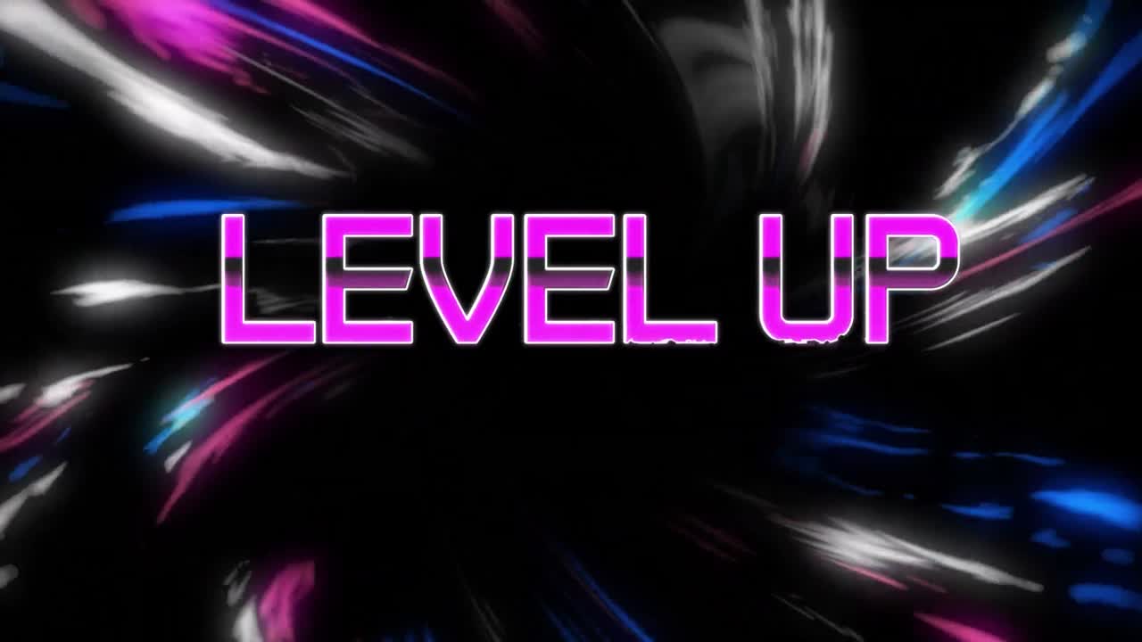 Animation of level up text over light trails on black background