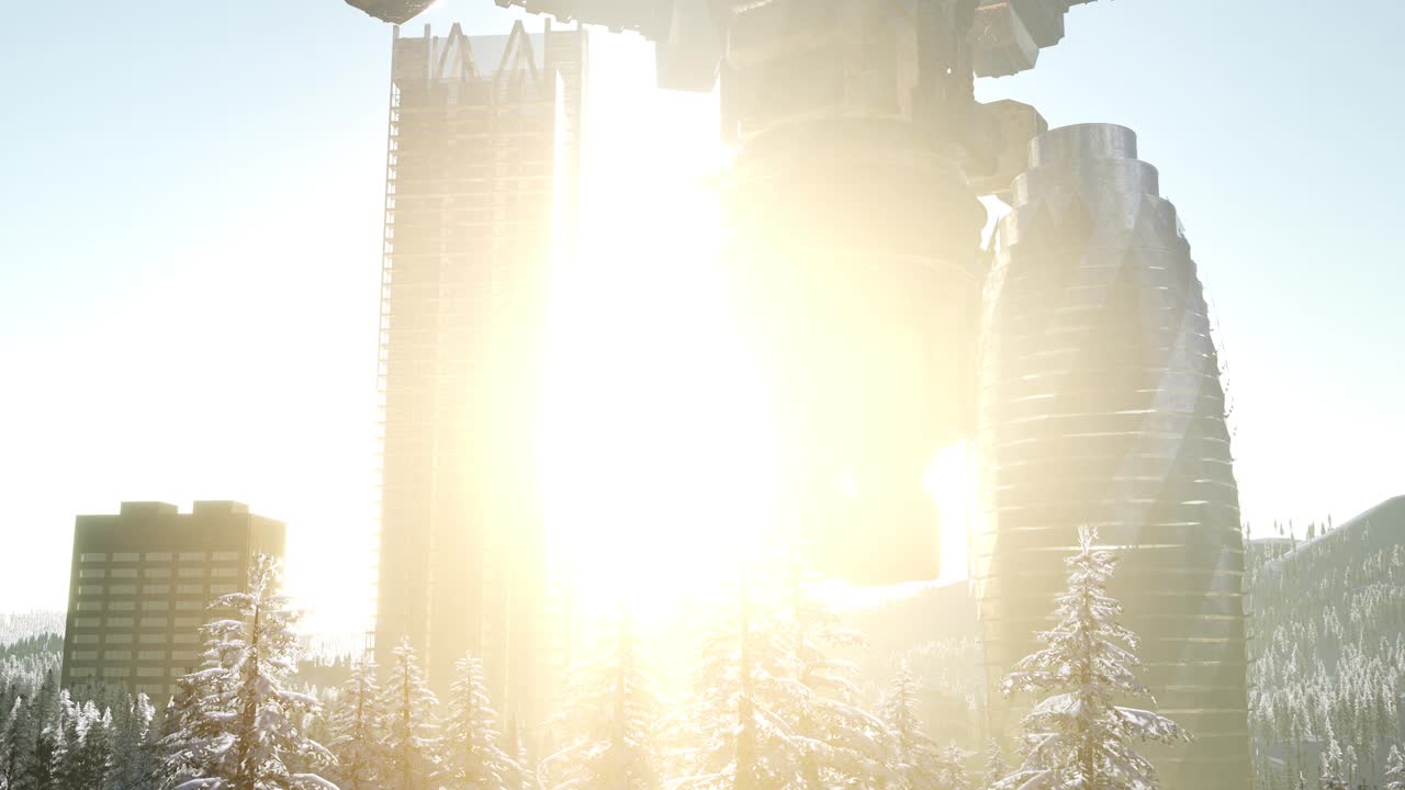 инопланетный космический корабль парит над городом.