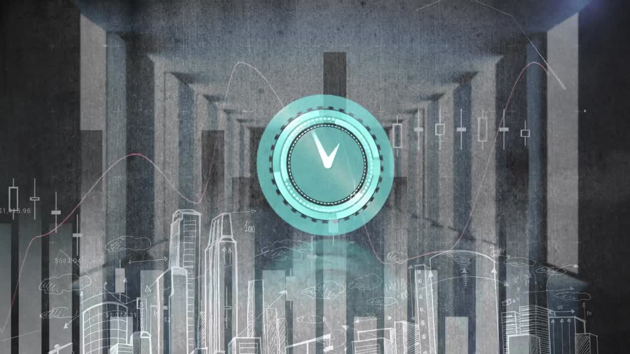 Animation of clock moving fast and statistics with data processing over cityscape