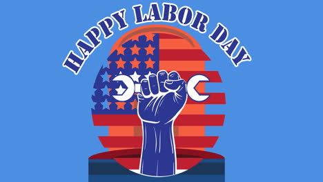 hand holding tool and happy labor text over american flag and flashing siren against blue background