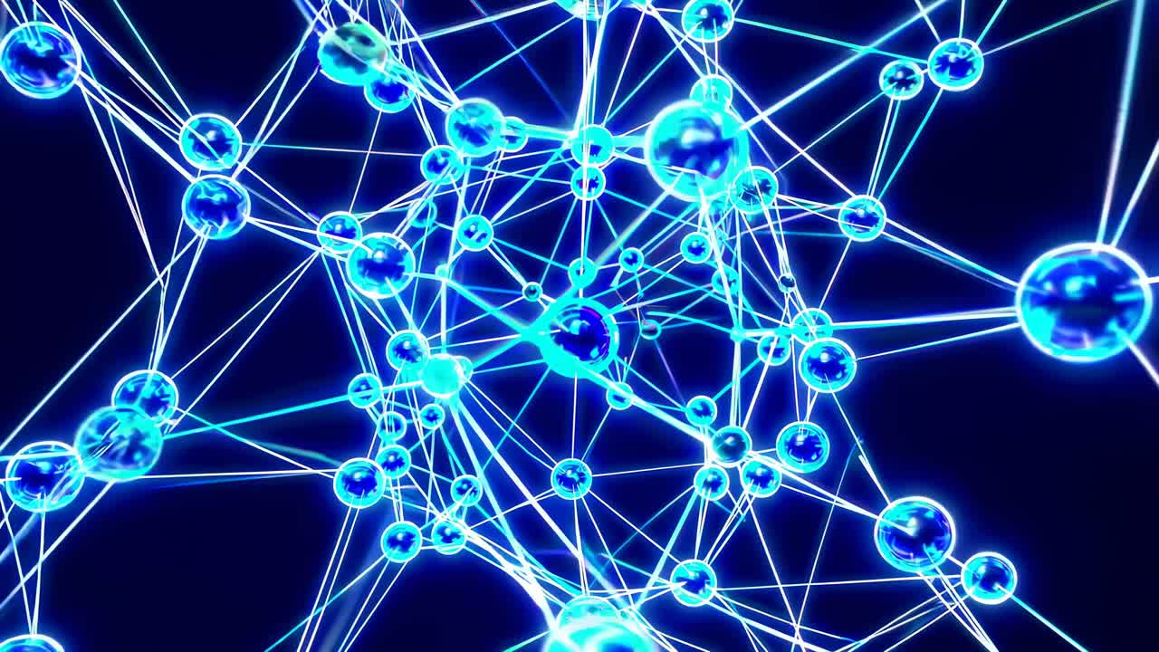 Futuristic video concept with glowing blue spheres connected by lines, viewed from a dynamic