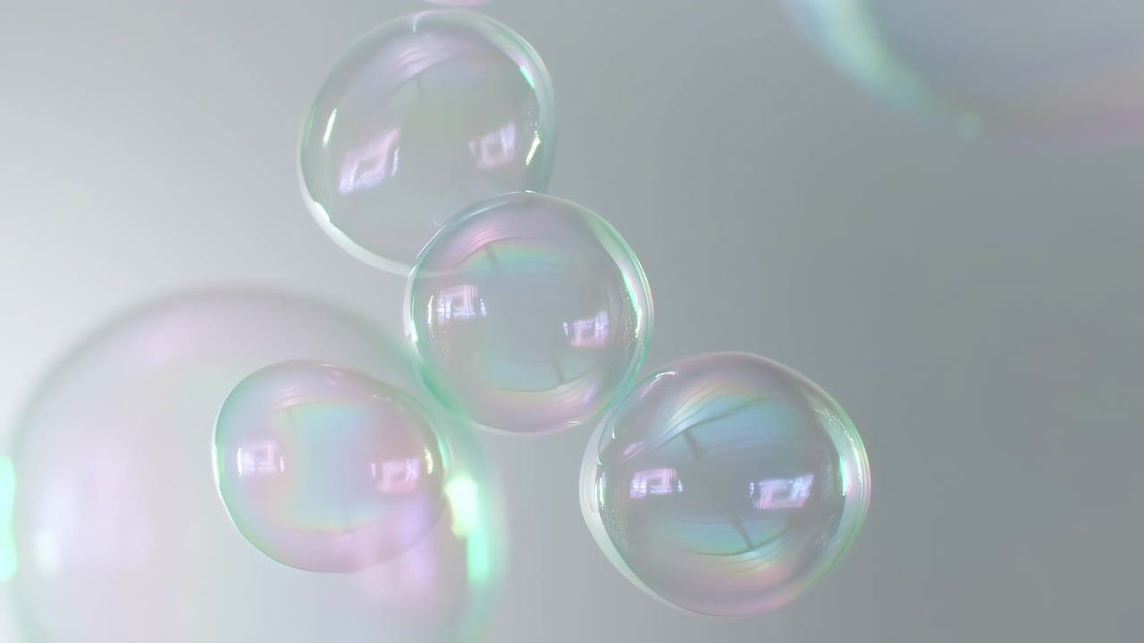 Floating Pastel Soap Bubbles On Soft Grey Background, Macro Translucent Spheres With Iridescent Highlights,