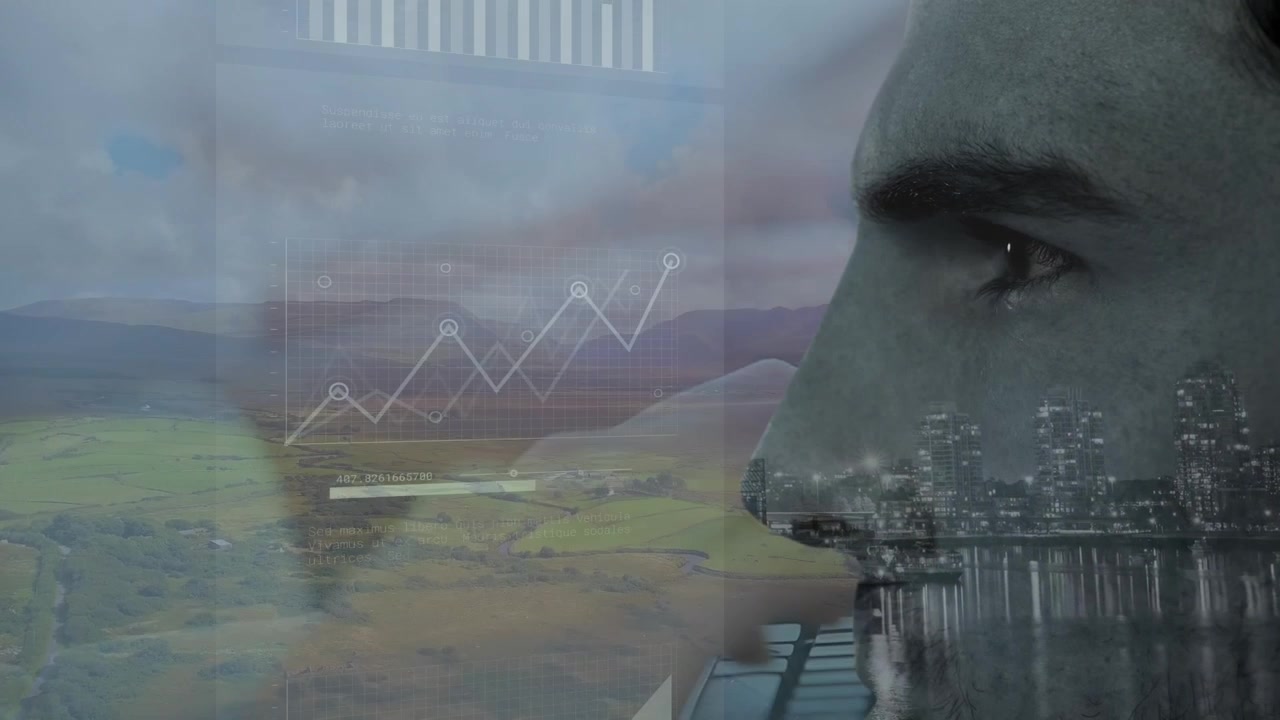 Animazione di elaborazione dati e un uomo caucasico sovrapposto a mani che digitano su una tastiera e un paesaggio.