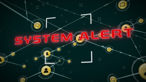 animación del texto de alerta del sistema, red de conexiones con íconos y procesamiento de datos