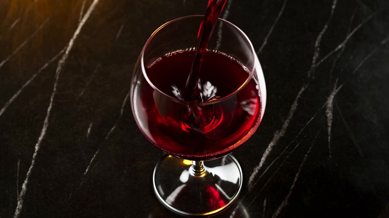Vista ravvicinata dall'alto che mostra un sottile flusso di vino rosso che si versa in un bicchiere a calice arrotondato su marmo nero lucido, con riflessi lucidi, luce calda sul bordo e un'atmosfera di ospitalità raffinata.