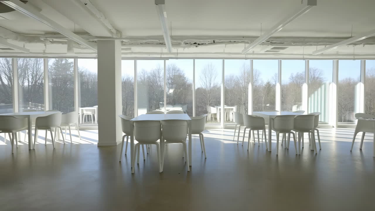 Bright, Modern, Empty Cafeteria with Forest View