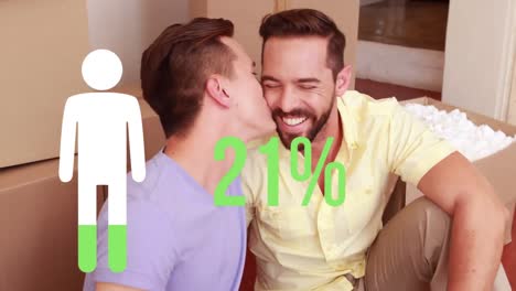 animación del porcentaje y el icono de la persona llenándose de verde sobre una feliz pareja gay en un nuevo hogar