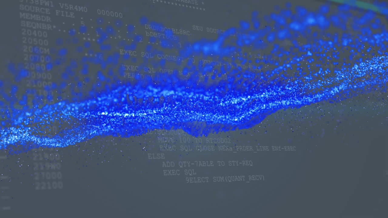 검은색 배경에 있는 데이터 처리에 대한 빛의 점의 애니메이션