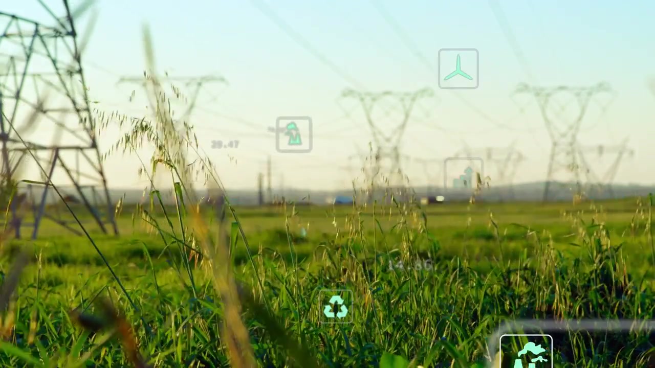 Sovrapposizioni HUD ciano che appaiono su un campo erboso all'inizio della scansione, mostrando dati su energia e ambiente