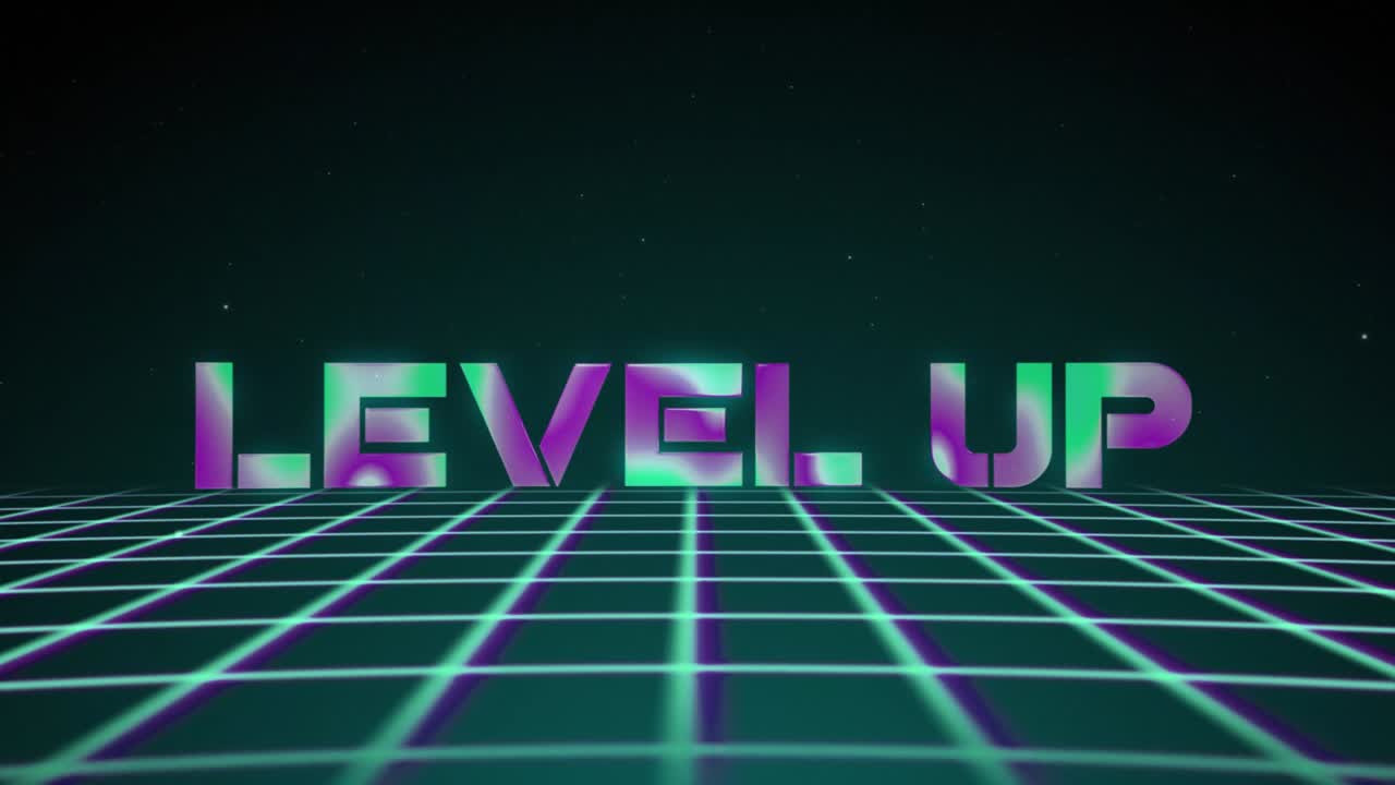 Synthwave wireframe net 80s with text LEVEL UP. Retro futurism background. 3d illustration render seamless loop. 4k
