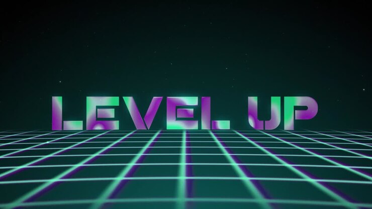 Synthwave wireframe net 80s with text LEVEL UP. Retro futurism background. 3d illustration render seamless loop. 4k