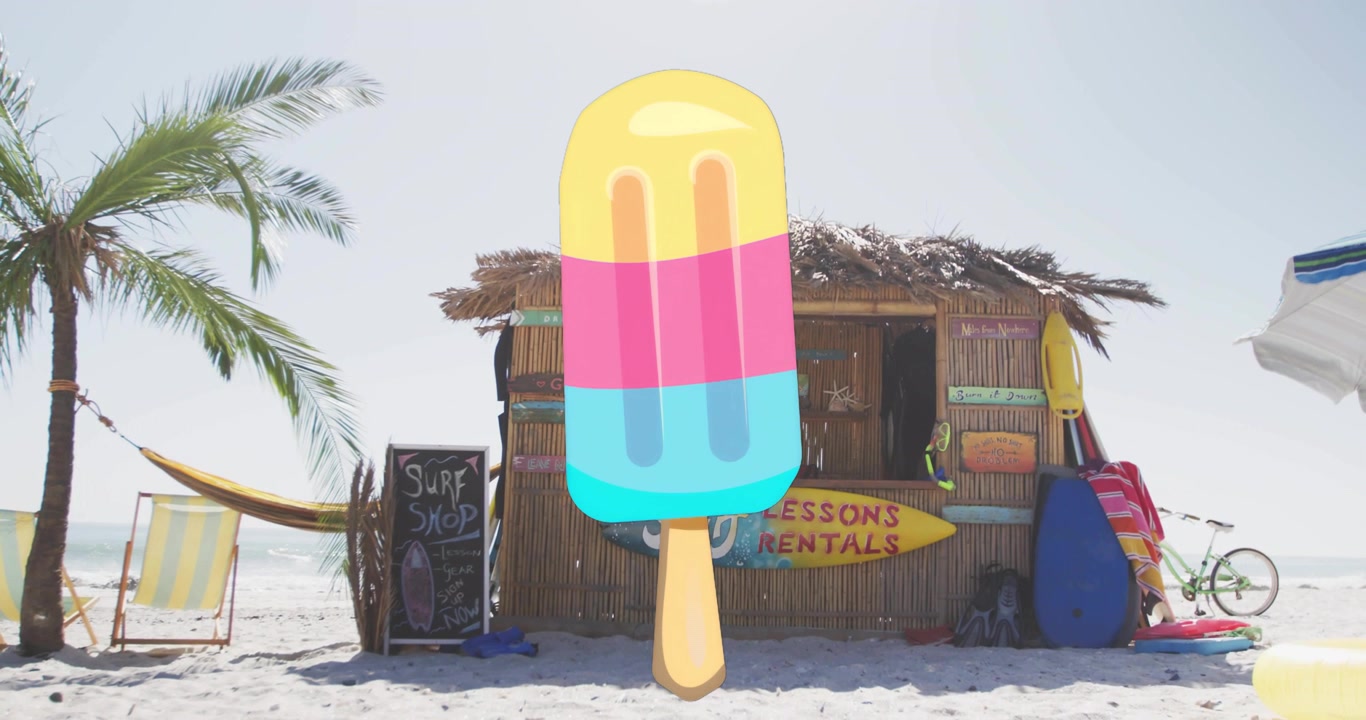 Grafica di un ghiacciolo che rimane centrata, che oscura una capanna da surf mentre la brezza sposta la palma, marketing da spiaggia