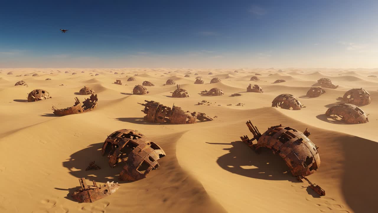 A desolate landscape filled with remnants of rusted machinery, depicting a vast expanse of sand dunes under a clear sky, evoking feelings of isolation and the passage of time