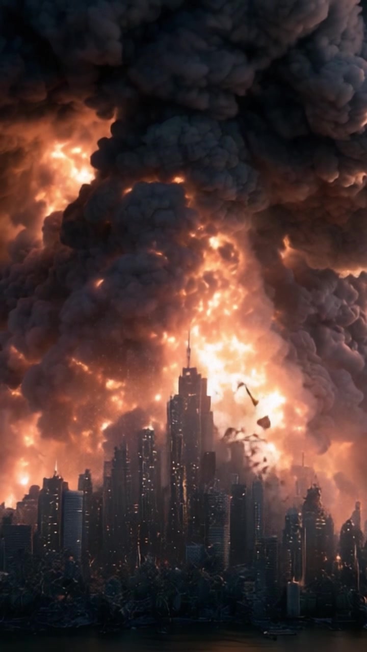 Un Inferno Urbano Catastrofico: Fiamme Avvolgenti e Fumo Minaccioso Consumano una Megacittà Futuristica in uno Spettacolare Spettacolo di Distruzione e Caos.