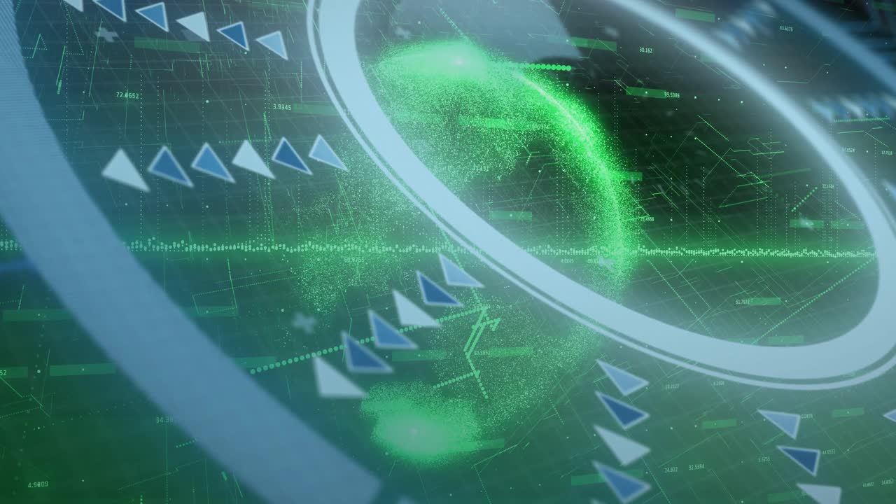 HUD ping starting green globe forming under rotating ring, chevrons shifting, wave pulsing for data