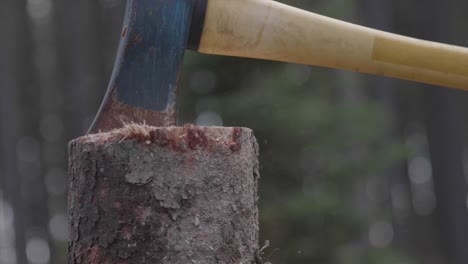 Axe chopping wood in slow motion