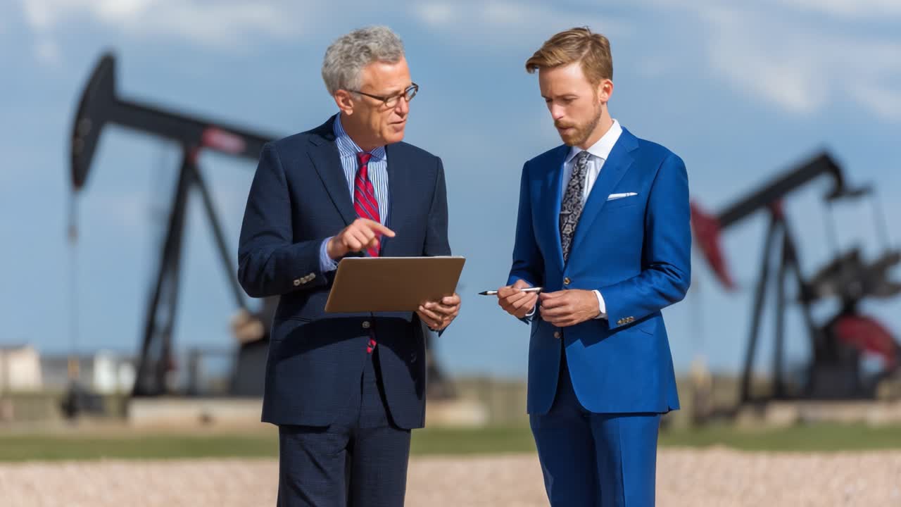 Due professionisti impegnati in una discussione tra pompe di petrolio, che evidenzia l'intersezione tra industria, competenza e moderne strategie aziendali
