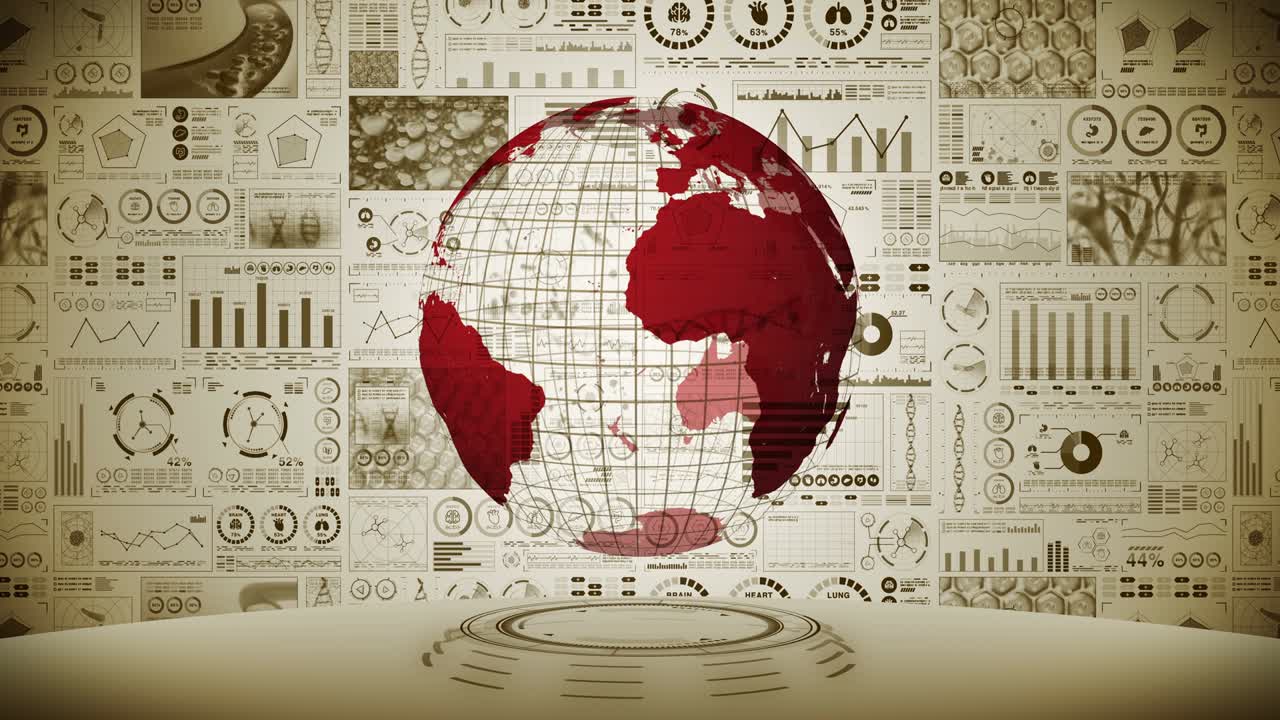 pandemia de infección. tierra global con puntos rojos de infección. holograma médico elementos de datos digitales gráfico. control infeccioso. vírus de curación. animación en bucle.